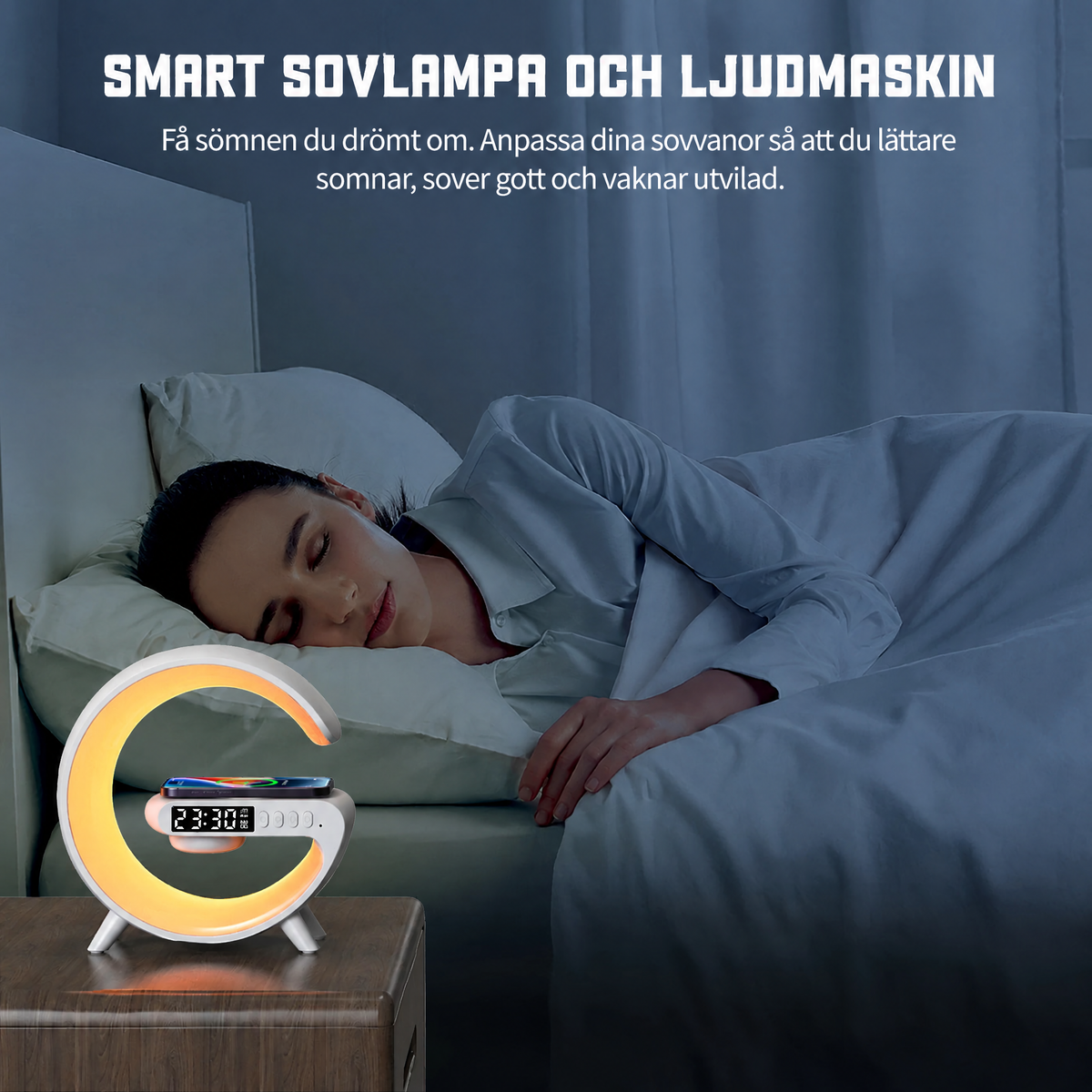 Väckarklocka med trådlös laddning och högtalare