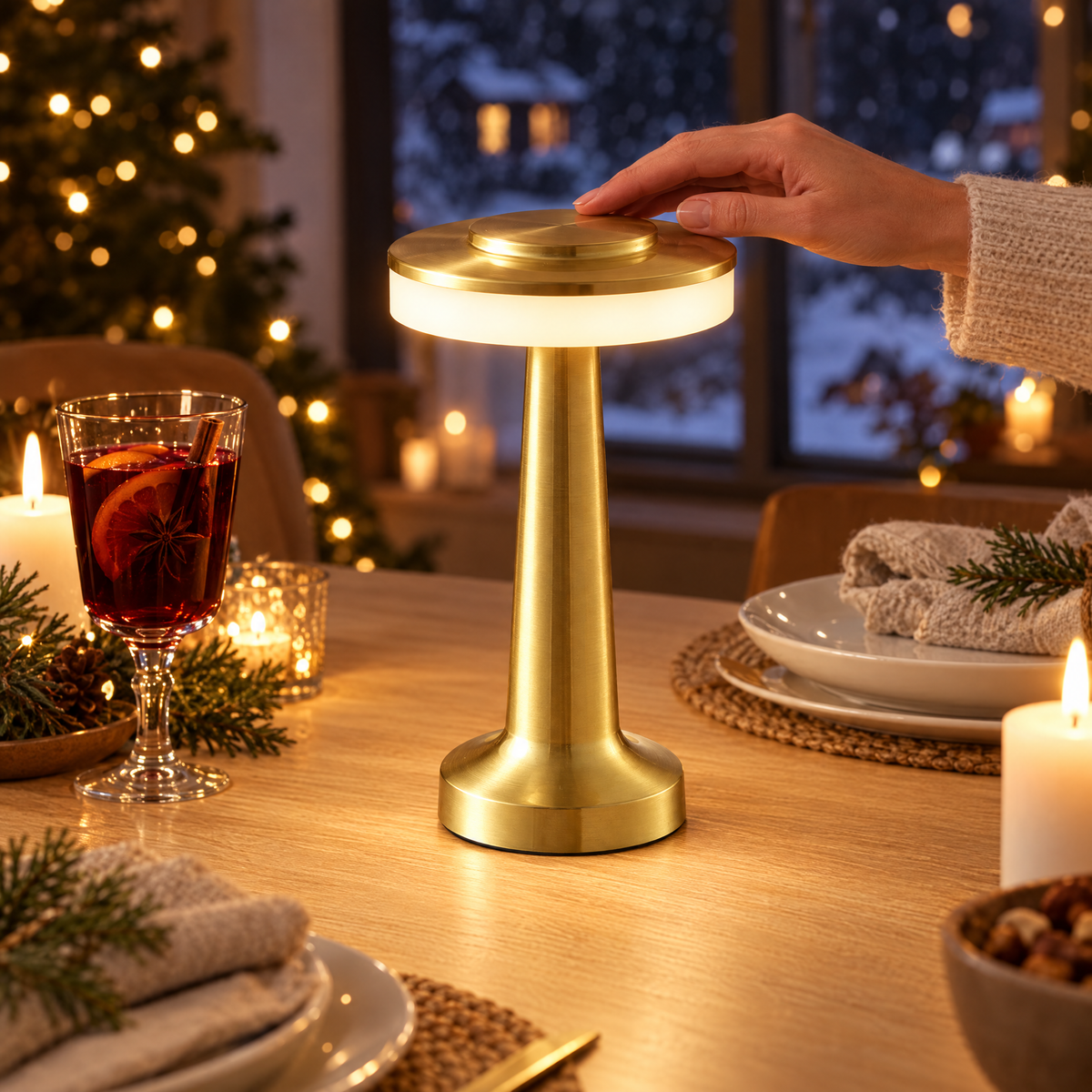 Sladdlös uppladdningsbar bordslampa i guld tänds med touch på ett dukat julbord med glögg och levande ljus