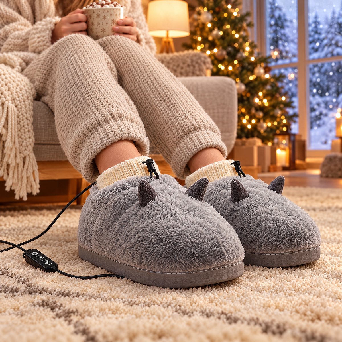 Grå uppvärmda tofflor med USB-fotvärmare och värmekontroll på fötterna i en mysig soffa vid julgranen