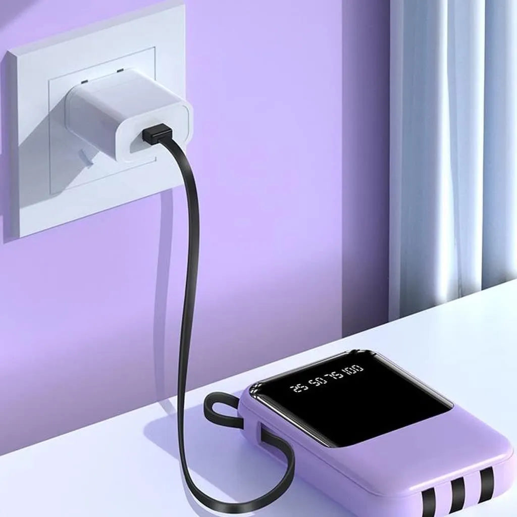 10 000 mAh kompakt powerbank — Snabbladdande bärbart batteri med inbyggda kablar och LED-display MILA Sverige