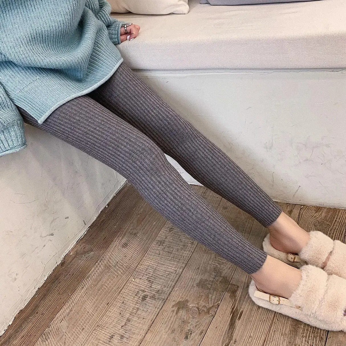 Stickade ribbade leggings med hög midja för kvinnor Hemnix