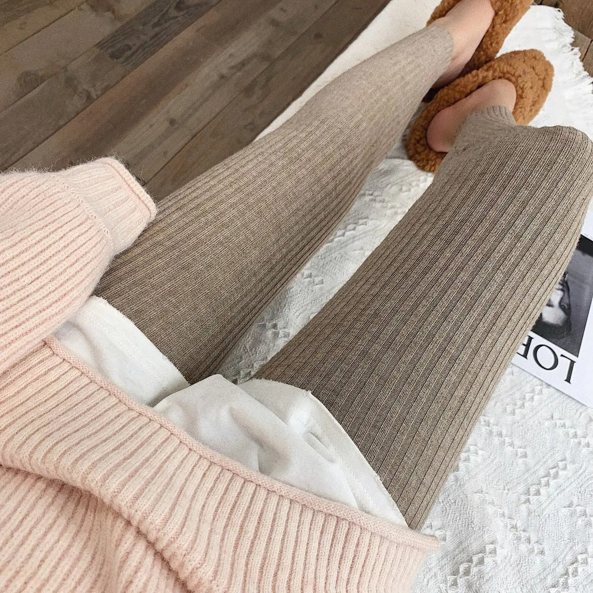 Stickade ribbade leggings med hög midja för kvinnor-Hemnix-Hemnix