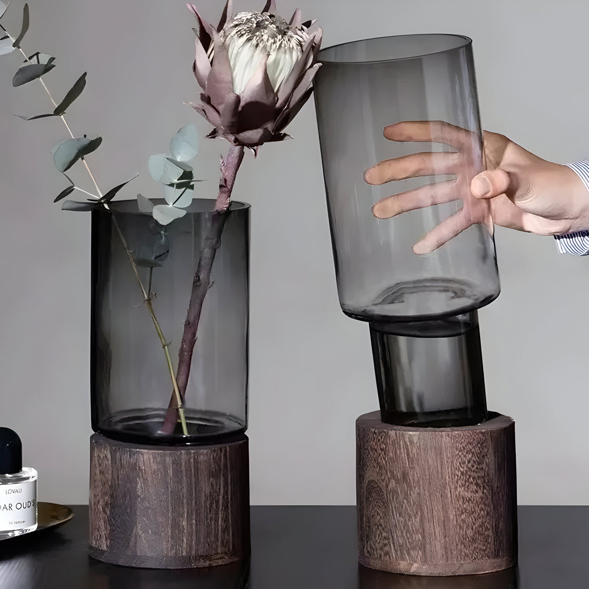 TranquilBloom Vas – Europeisk Hydroponics Trä- och Glasvas Carvallo