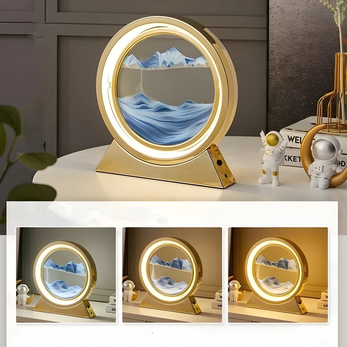 Sandbildslampa – LED-bordslampa med 3D sandmotiv | Avkopplande dekoration för vardagsrum och kontor Carvallo