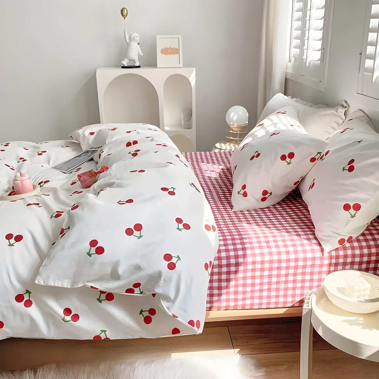 Röd Cherry Schackbräda Sängklädset För Flickor Pojkar Dubbelstorlek Flat Ark Duvet Täckande och Örngott Mjuk Säng Linne Hem Textil Carvallo