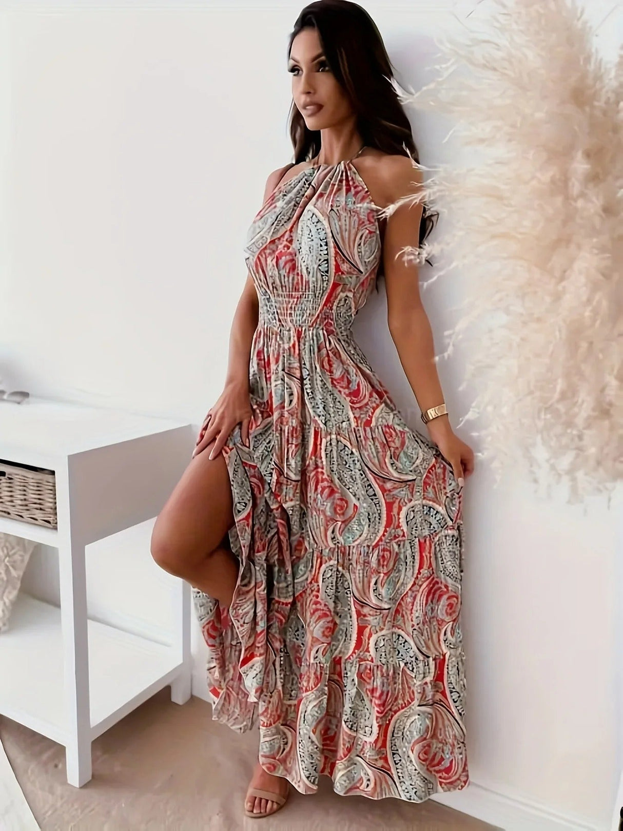 Vintage Boho Print Halterklänning för kvinnor-Hemnix-Hemnix