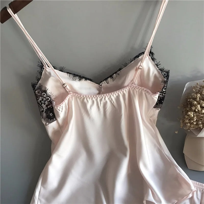 V-Neck Satin Sleepwear Set för kvinnor-Bellasverige-Hemnix