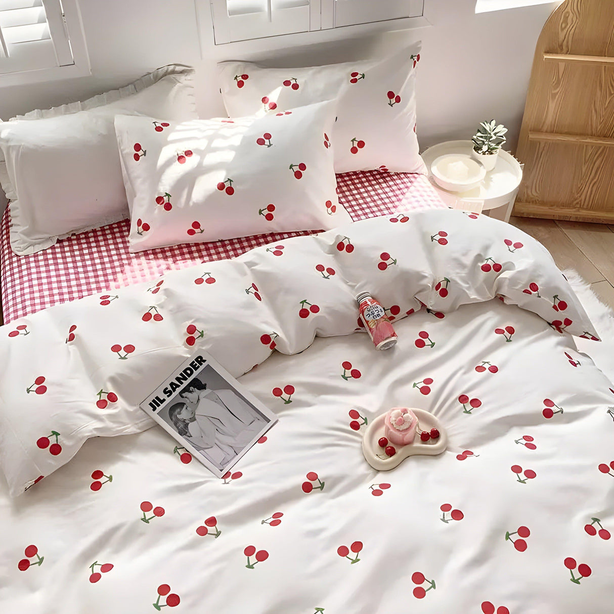 Röd Cherry Schackbräda Sängklädset För Flickor Pojkar Dubbelstorlek Flat Ark Duvet Täckande och Örngott Mjuk Säng Linne Hem Textil Carvallo