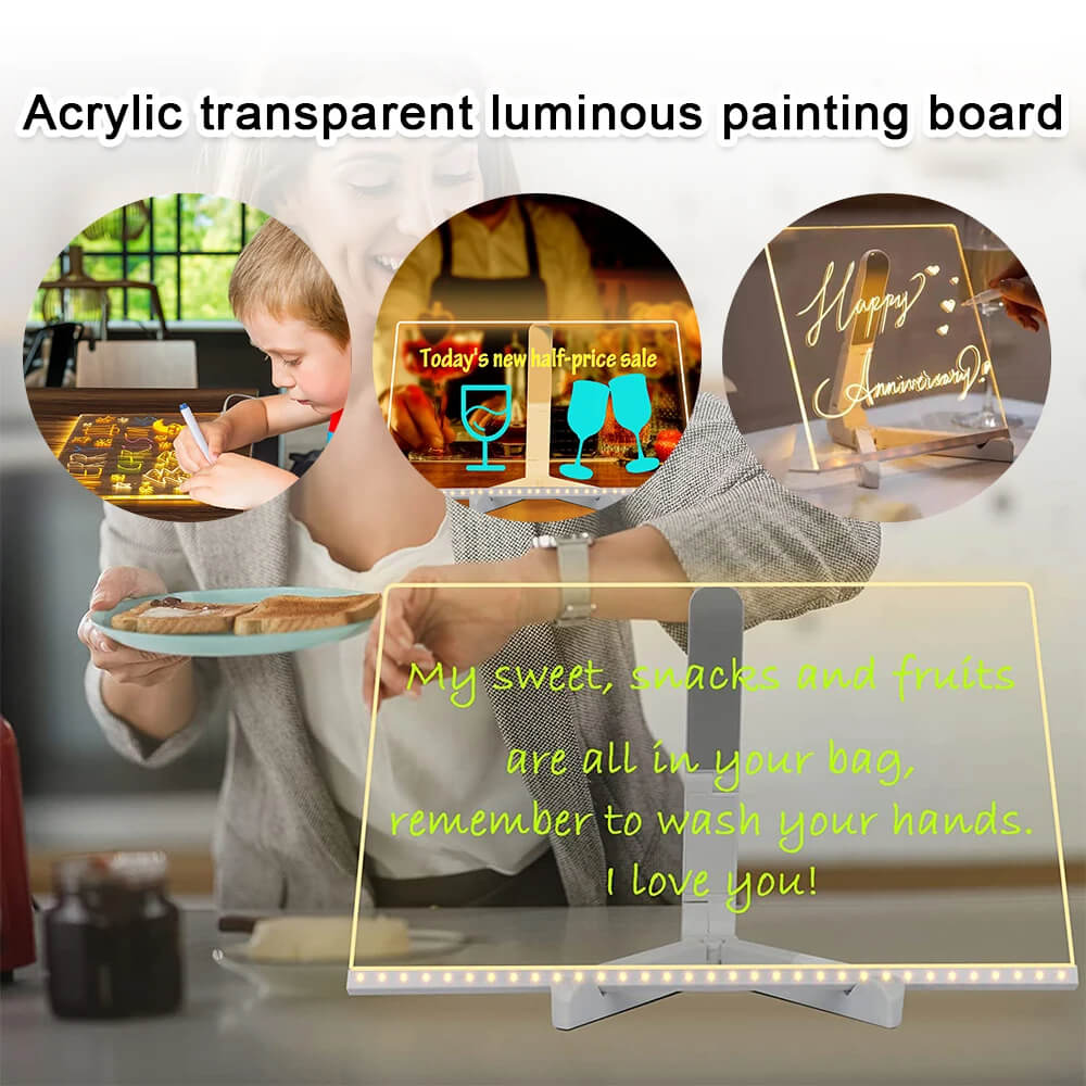 Transparent Ljusakryl Skrivtavla med 7-Färgpennor – Återanvändbar Meddelandeboard med LED-belysning-LED acryl skriva-BB-Hemnix