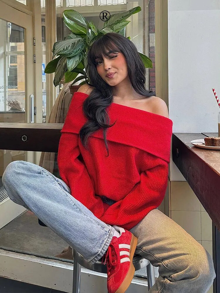 Stickad tröja med off shoulder för kvinnor-Bellasverige-Hemnix