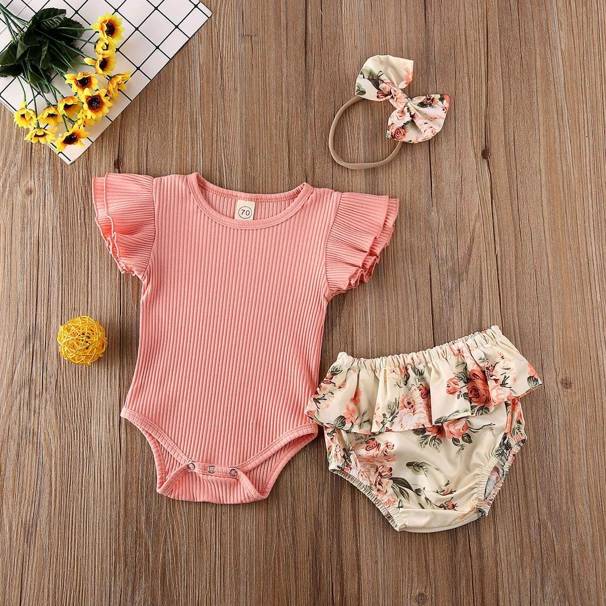 Rufsig ribbad blommig kortbyxor set-Kids-Hemnix-Hemnix