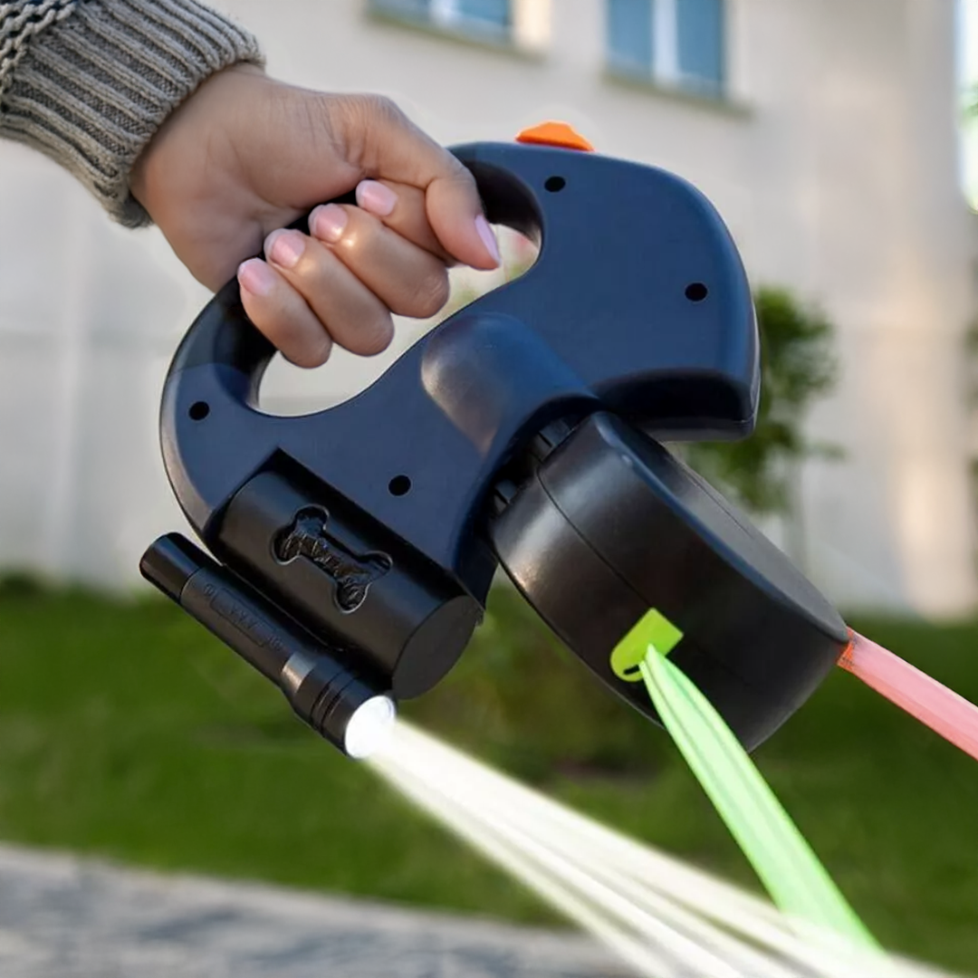 Dubbelt utdragbar hundkoppel med ficklampa och avfallshållare Carvallo