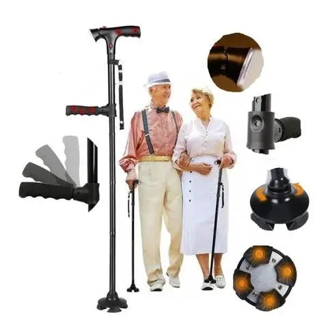 Multifunktionell senior käpp med LED-ljus, larm, dubbelhandtag & halkfri fot-VaruZ-Hemnix