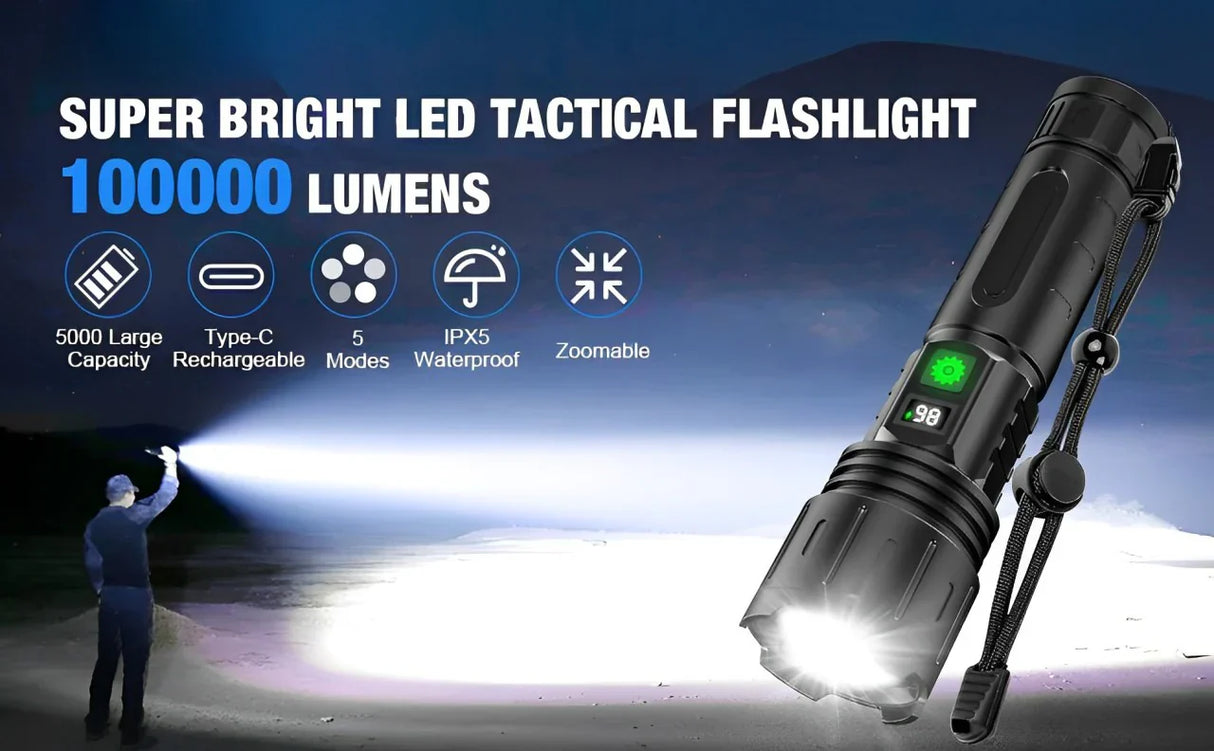 LuxRoyale 100,000 Lumen Taktisk Ficklampa – Laddningsbar LED-lampa med Power Bank, LCD-display och 3280 fot räckvidd Carvallo