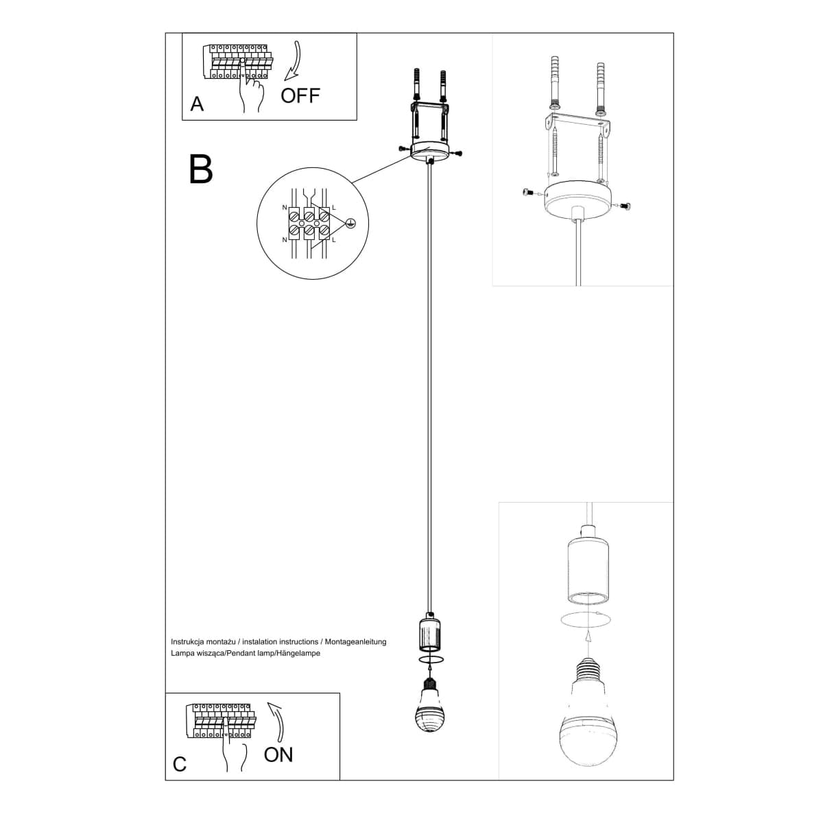 Edison Pendelampa - Svart Tyg & Stål - E27 Max 15W - Minimalistisk Design Carvallo