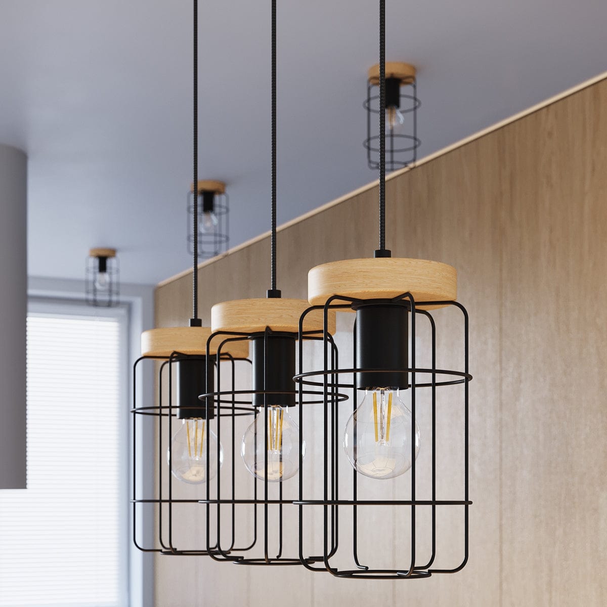 Gotto Taklampa - Modern Loft Design - Svart Stål och Naturligt Trä - Varm Lugnande Ljus - Hållbar Konstruktion - Perfekt för Klassiska och Moderna Interiörer Carvallo