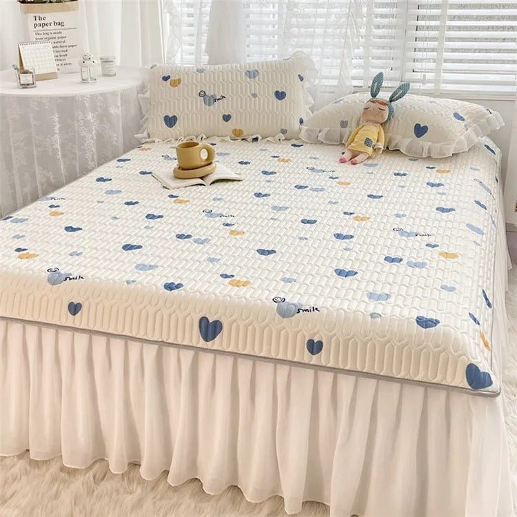 Ice Silk Latex Madrassset - Spetsstil Ice Silk Matta, Sängklädsel, Kjolstil, Halkskydd Fast Madrass Skyddande Täckning Carvallo