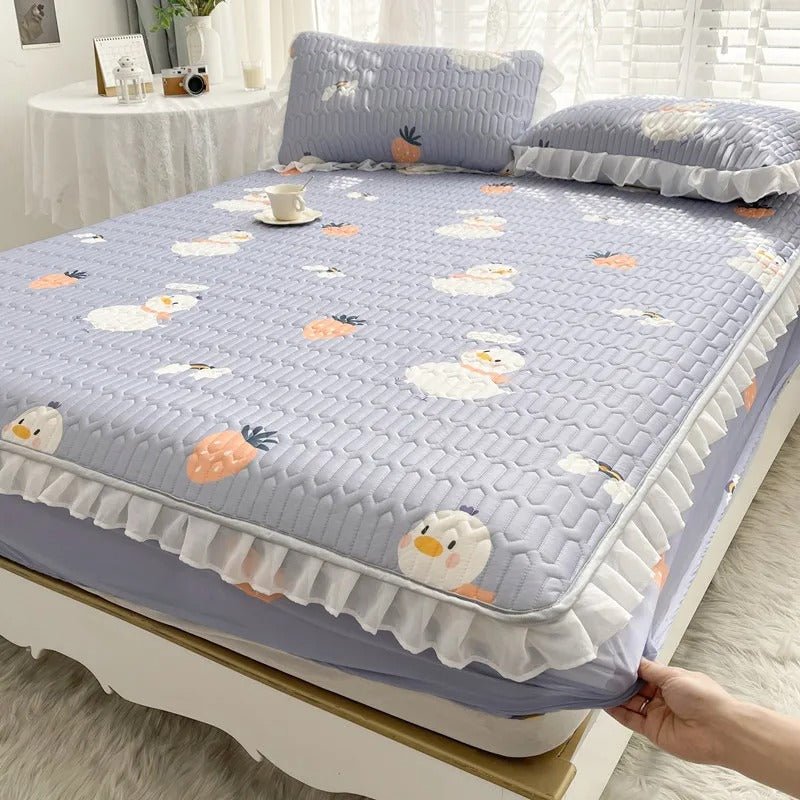 Ice Silk Latex Madrassset - Spetsstil Ice Silk Matta, Sängklädsel, Kjolstil, Halkskydd Fast Madrass Skyddande Täckning Carvallo