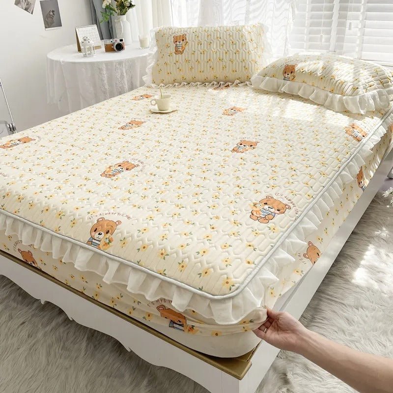 Ice Silk Latex Madrassset - Spetsstil Ice Silk Matta, Sängklädsel, Kjolstil, Halkskydd Fast Madrass Skyddande Täckning Carvallo