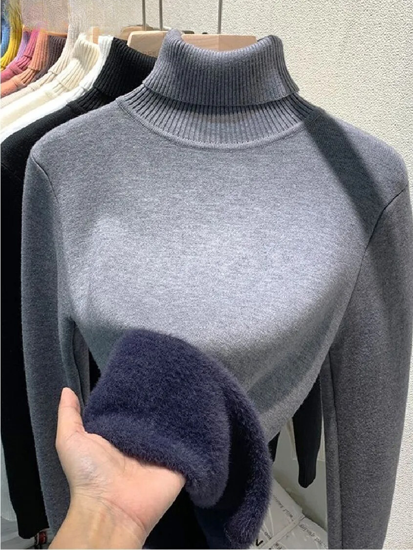 Damtröja med sköldpaddshals och sammetsfodrad tröja-Hemnix-Grå-S-Hemnix