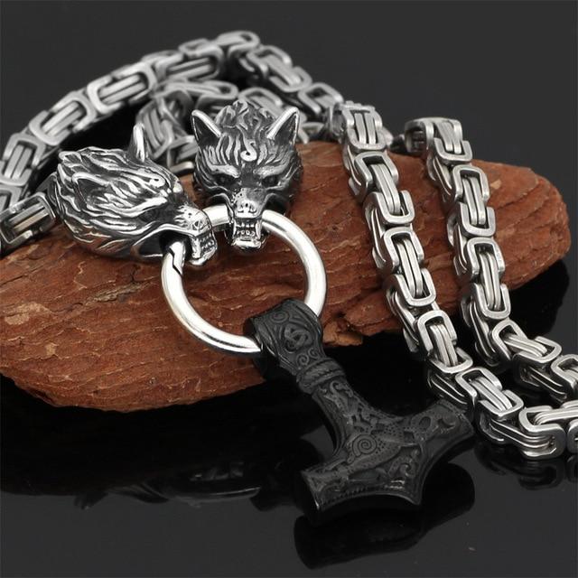 Rostfritt stål dubbelt varghuvud & Mjolnir Survival Spirit Halsband/armband MILA Sverige