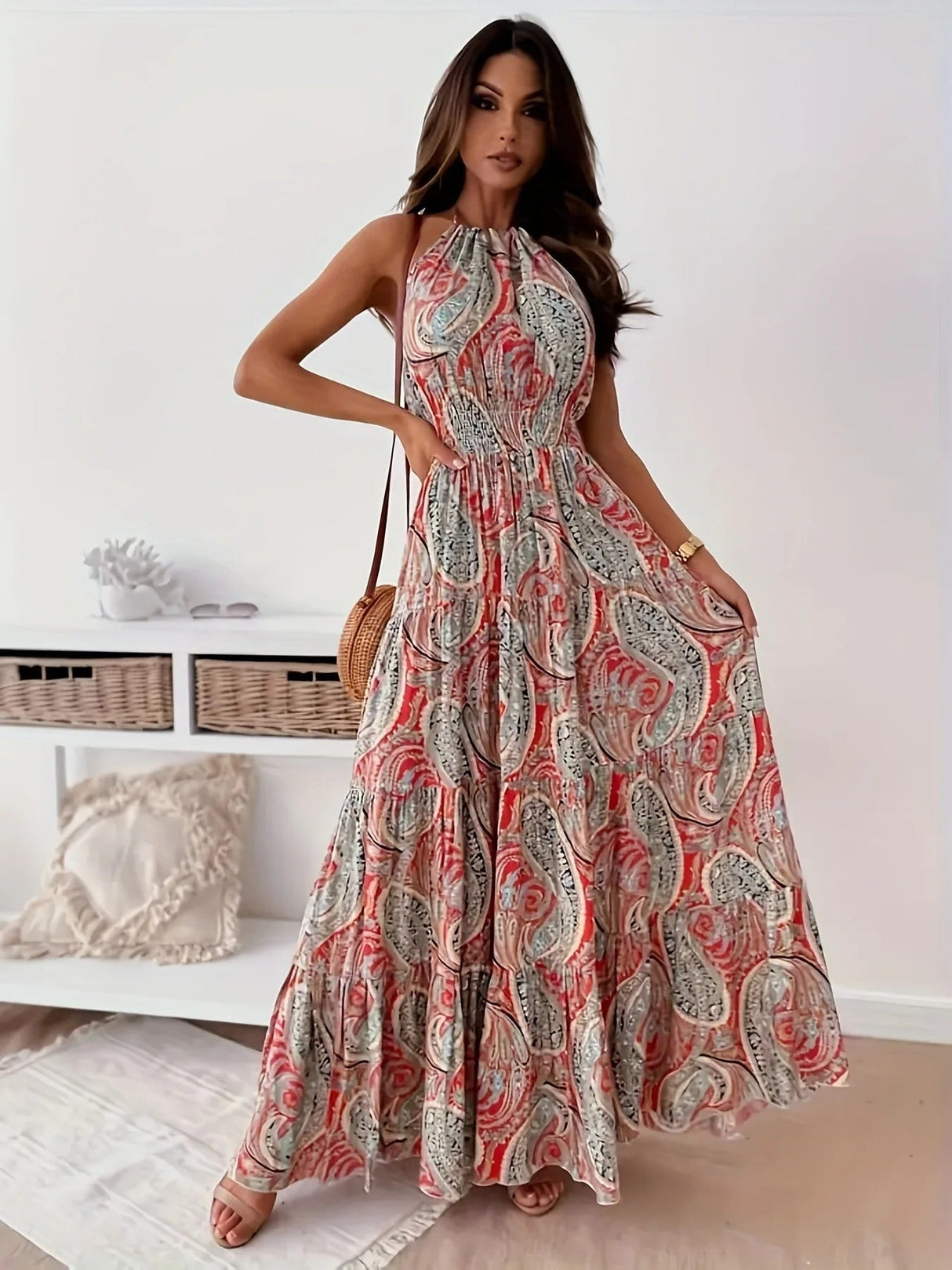 Vintage Boho Print Halterklänning för kvinnor-Hemnix-Hemnix