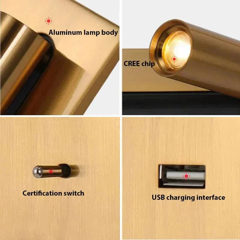 Justerbar USB-laddningsvägglampa med 350° rotation – Modern vägglampa för nattduksbord och hotellanvändning Carvallo