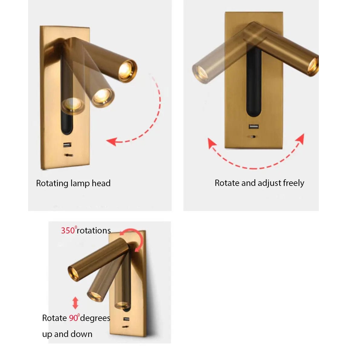 Justerbar USB-laddningsvägglampa med 350° rotation – Modern vägglampa för nattduksbord och hotellanvändning Carvallo