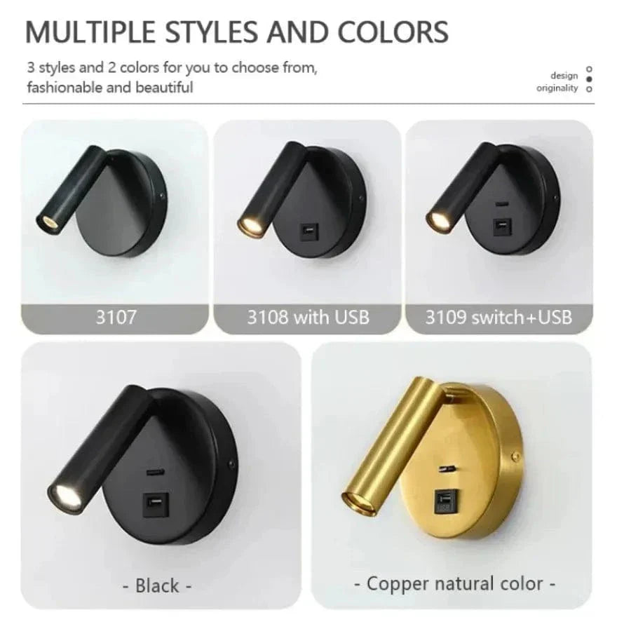 Modern LED Vägglampa Med Strömbrytare - Inomhus - Justerbar - USB Laddning - 350° Rotation - Svart/Koppar Finish Carvallo