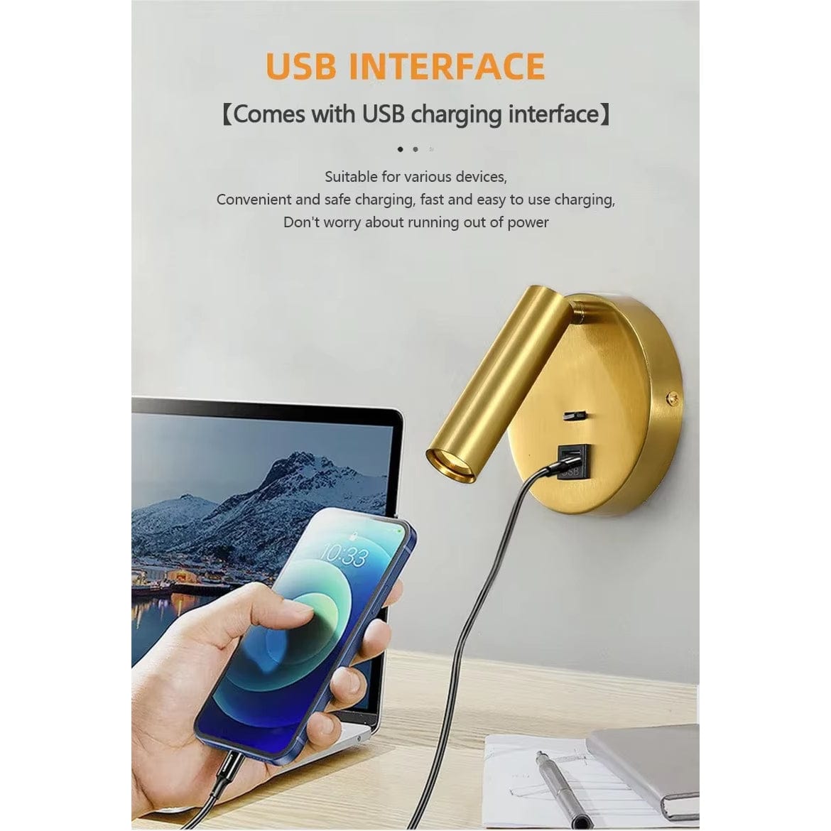 Modern LED Vägglampa Med Strömbrytare - Inomhus - Justerbar - USB Laddning - 350° Rotation - Svart/Koppar Finish Carvallo