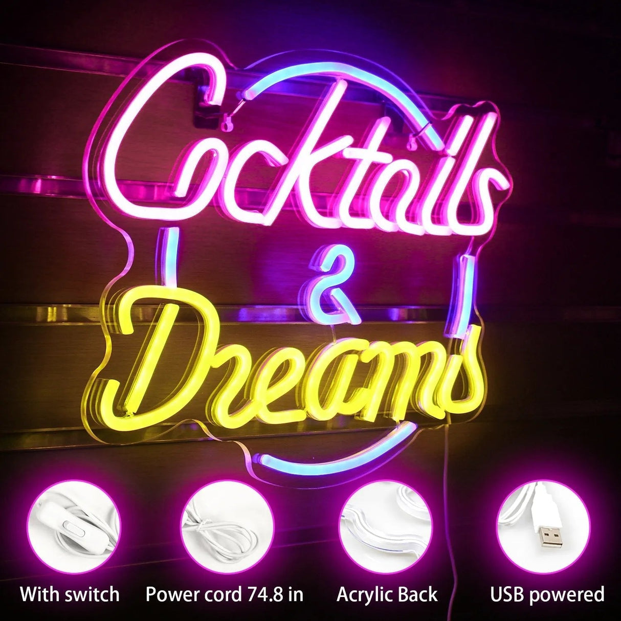 Cocktails & Beer LED Neon Skylt – Livlig USB-drivet Bar & Fest Dekoration Carvallo