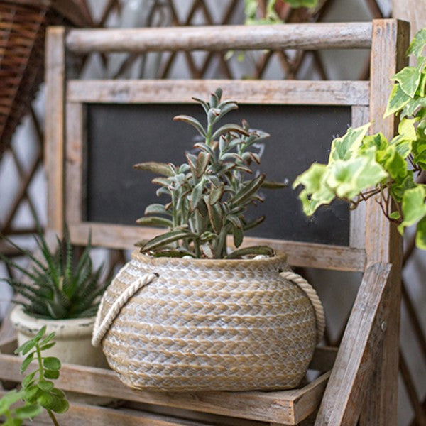 Keramisk planterpotte i hampsekk-design med tauhåndtak - dekorativ blomsterpotte for hage og hjem Carvallo