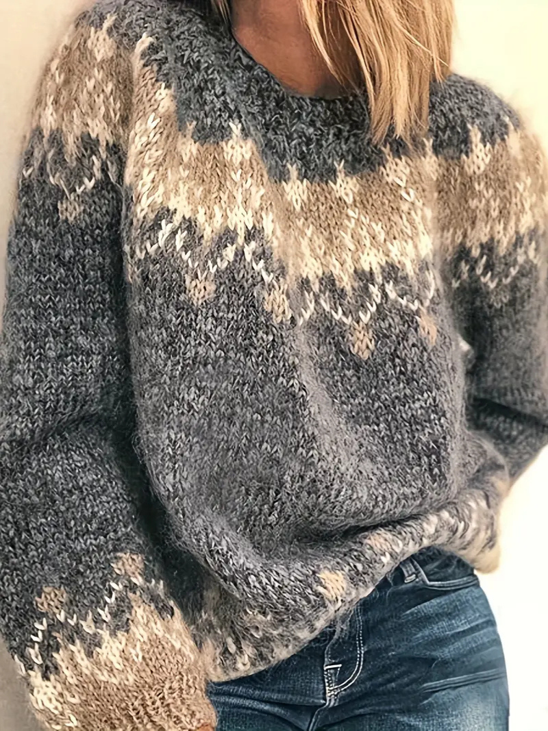 Stickad pullover med jacquardtryck för damer Hemnix