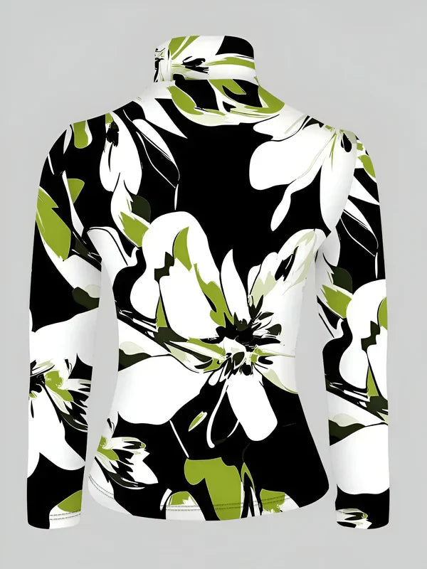 Långärmad T-shirt Dam Turtleneck Blommigt Tryck Mjuk Material