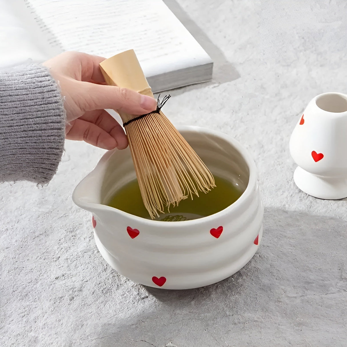 Matchaskål med hjärtdesign – 4/5 stycken utgjutare & bambu visp | Ideal för hemmabruk Carvallo
