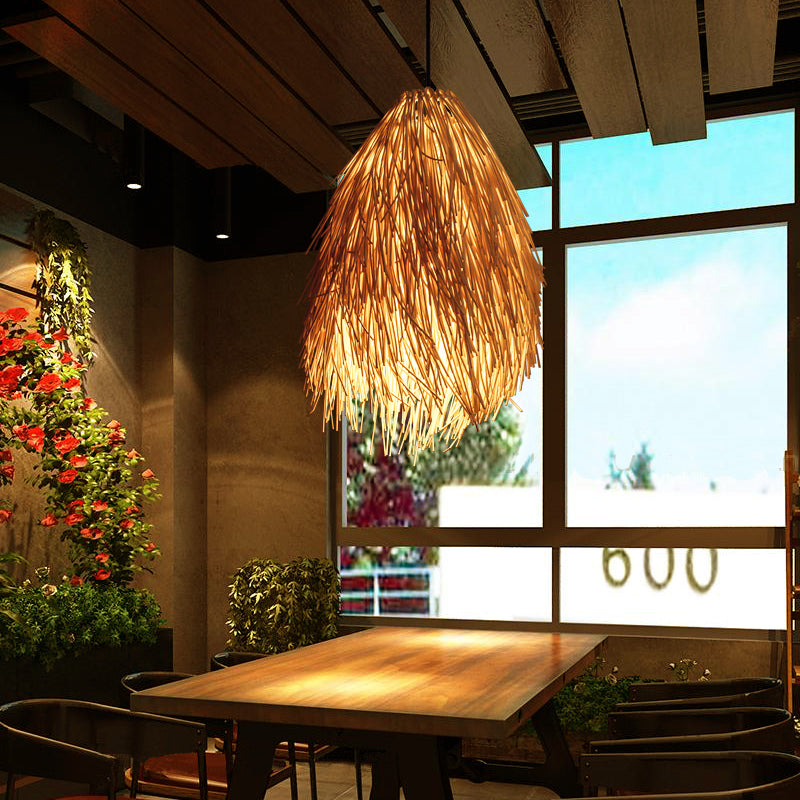 Beige Rattanhänglampa - Asiatiskt Stil 1-Lamps Pendelarmatur för Restaurang Carvallo