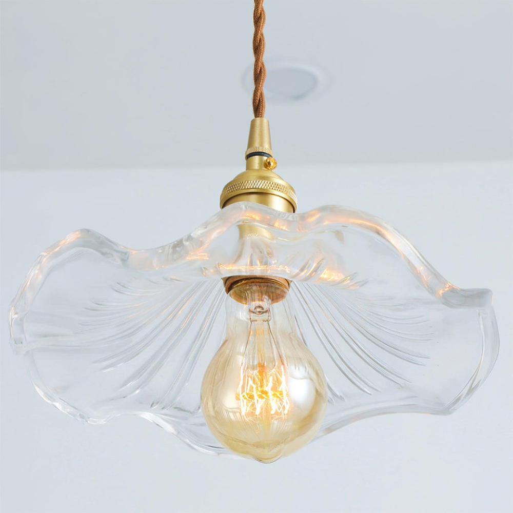 Art Nouveau Fluted Glass Pendant | Flower-Inspired Shade | H4.72in x D9.06-23.62in | Brass & Glass Craftsmanship | Brick by Brick Carvallo