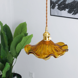 Art Nouveau Fluted Glass Pendant | Flower-Inspired Shade | H4.72in x D9.06-23.62in | Brass & Glass Craftsmanship | Brick by Brick Carvallo
