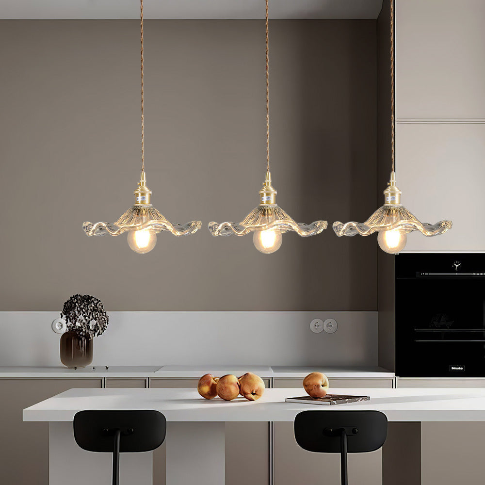 Art Nouveau Fluted Glass Pendant | Flower-Inspired Shade | H4.72in x D9.06-23.62in | Brass & Glass Craftsmanship | Brick by Brick Carvallo