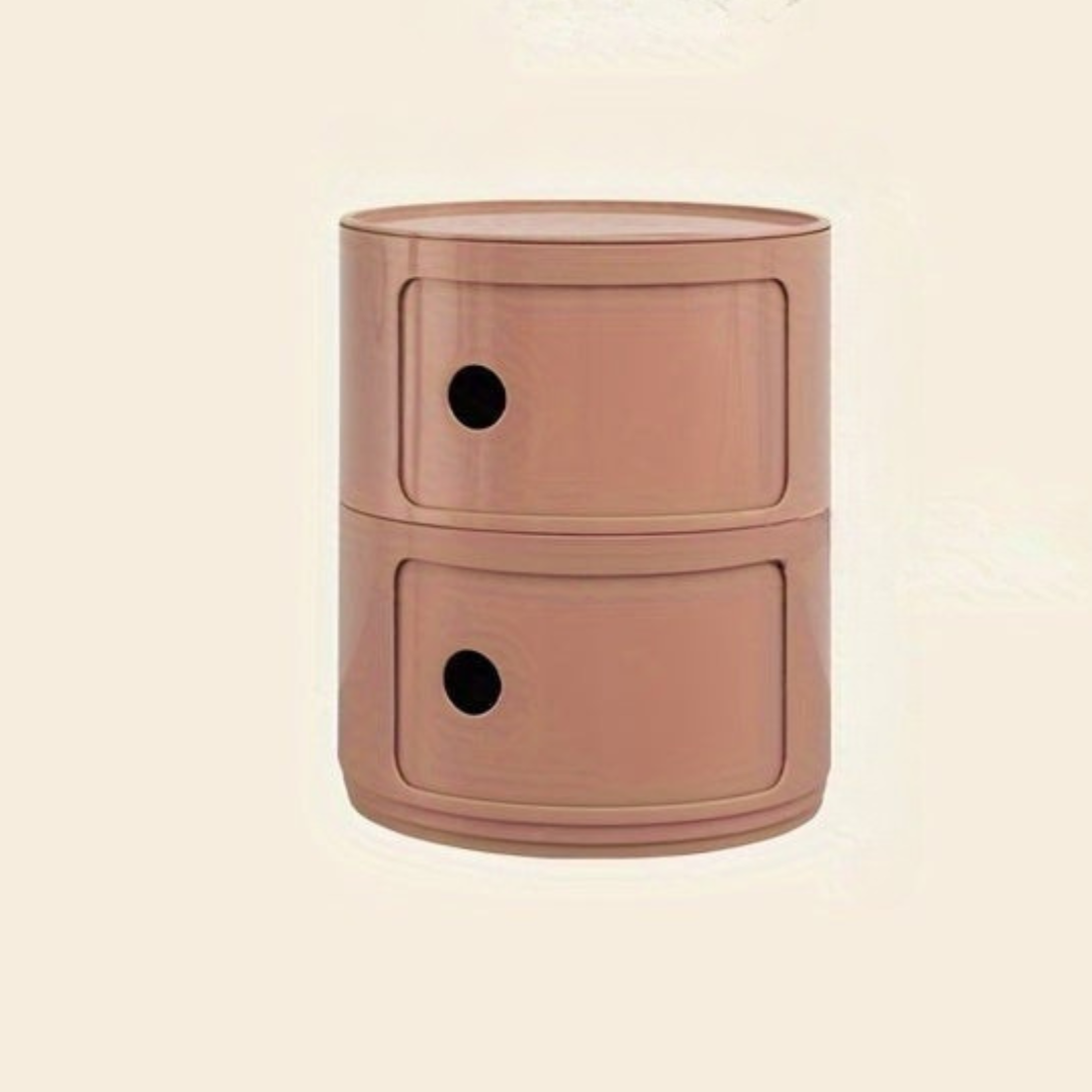 Sängbord med runda plastförvaringslådor Carvallo