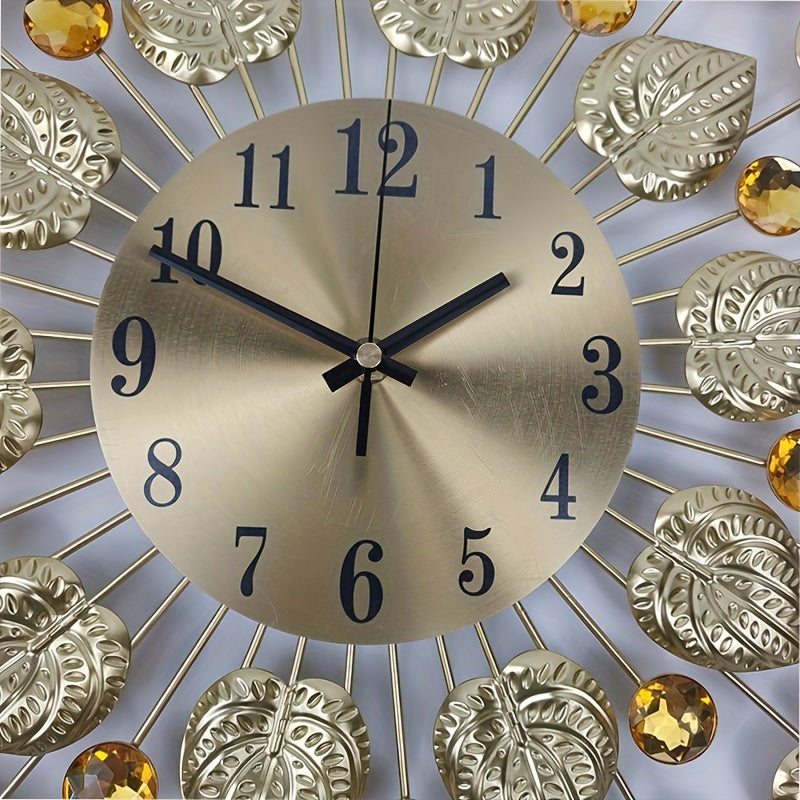 Modern Tyst Väggklocka med Guldbladdesign – Metall, Rund Klocka, AA Batteri, Tyst för Vardagsrum och Matrum Carvallo