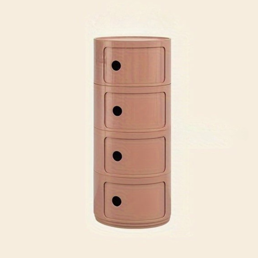 Sängbord med runda plastförvaringslådor Carvallo