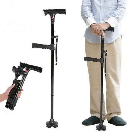 Multifunktionell senior käpp med LED-ljus, larm, dubbelhandtag & halkfri fot-VaruZ-Hemnix