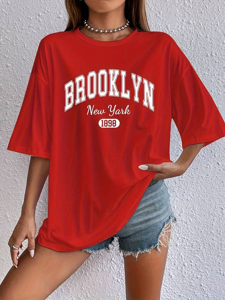 Kvinnors T-shirt Cirkulär Hals Brooklyn-tryck Bomull-T-shirts-Bellasverige-Röd-XS-Hemnix