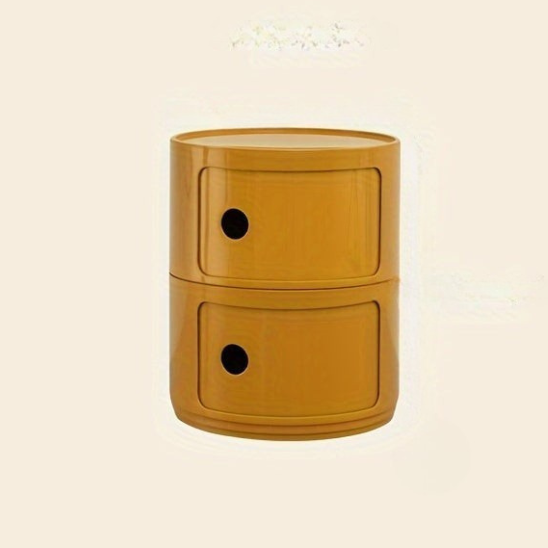 Sängbord med runda plastförvaringslådor Carvallo