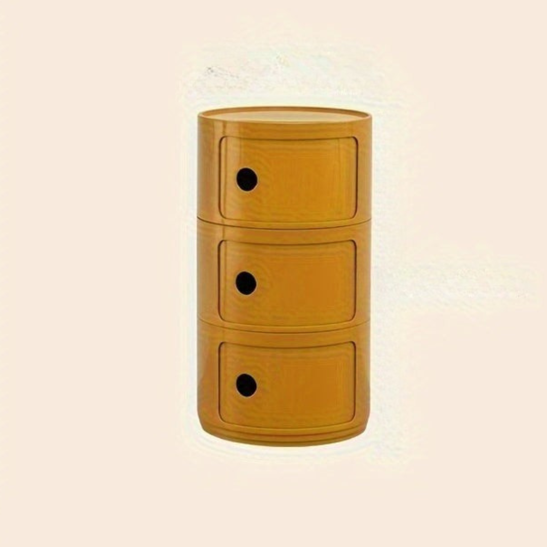 Sängbord med runda plastförvaringslådor Carvallo