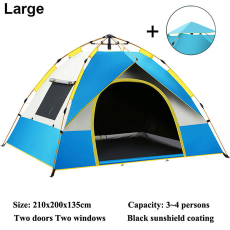 Expresstält 3 Sekunder Helautomatiskt Pop-up Tält Camping & Vandring-Pop-up Tält-BB-Blå 2 Dörrar & 2 Fönster-Large: 3-4 Personer 200x200cm-Hemnix