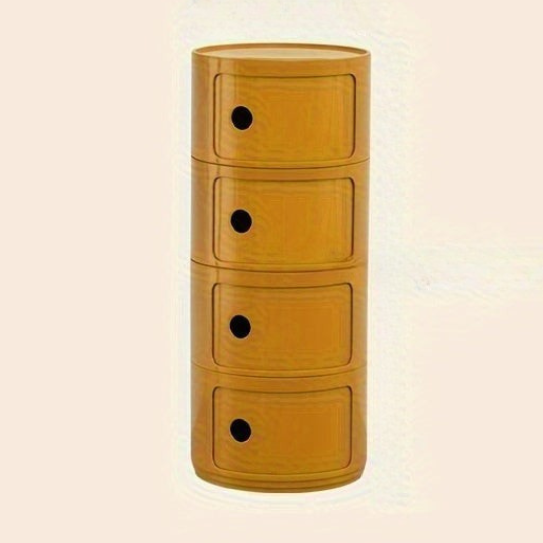 Sängbord med runda plastförvaringslådor Carvallo