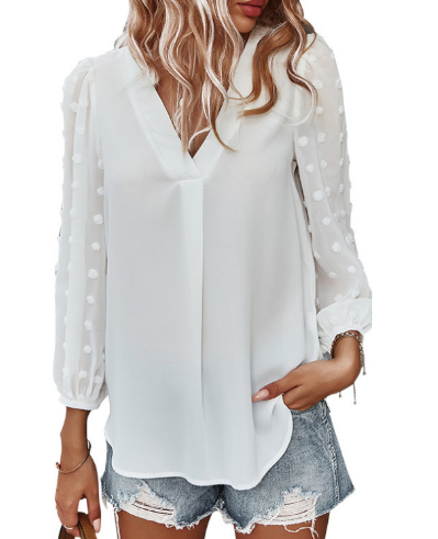 Dam Festtopp Långärmad Hackad Halsringning Mjuk Polyester-Kvinnors toppar-Hemnix-Vit-S-Hemnix