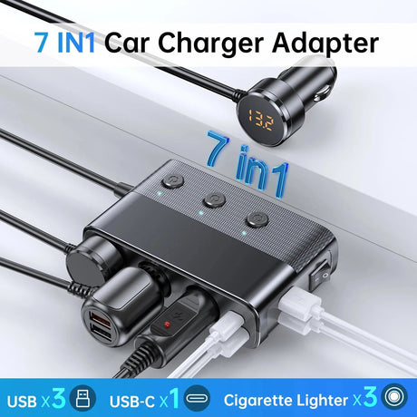 7-i-1 Bil Cigarette Tändar Adapter – 128W, USB & Spänningsvisning Carvallo